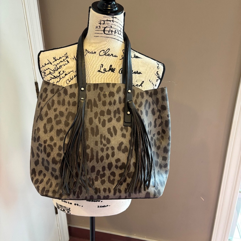 Furla Aurora cheetah print leather shoulder bag